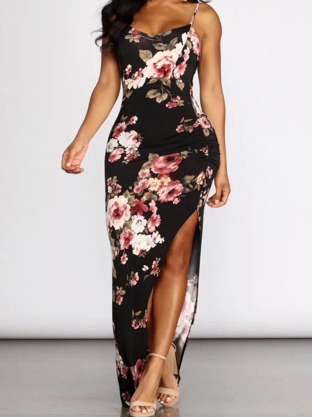 Windsor Plant One On Black Floral Maxi Dress with Side Slit EUC - size Small
